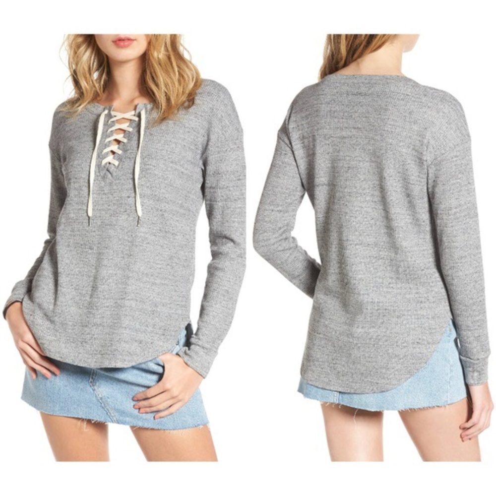 Splendid Gray lace Up Waffle Knit Top M